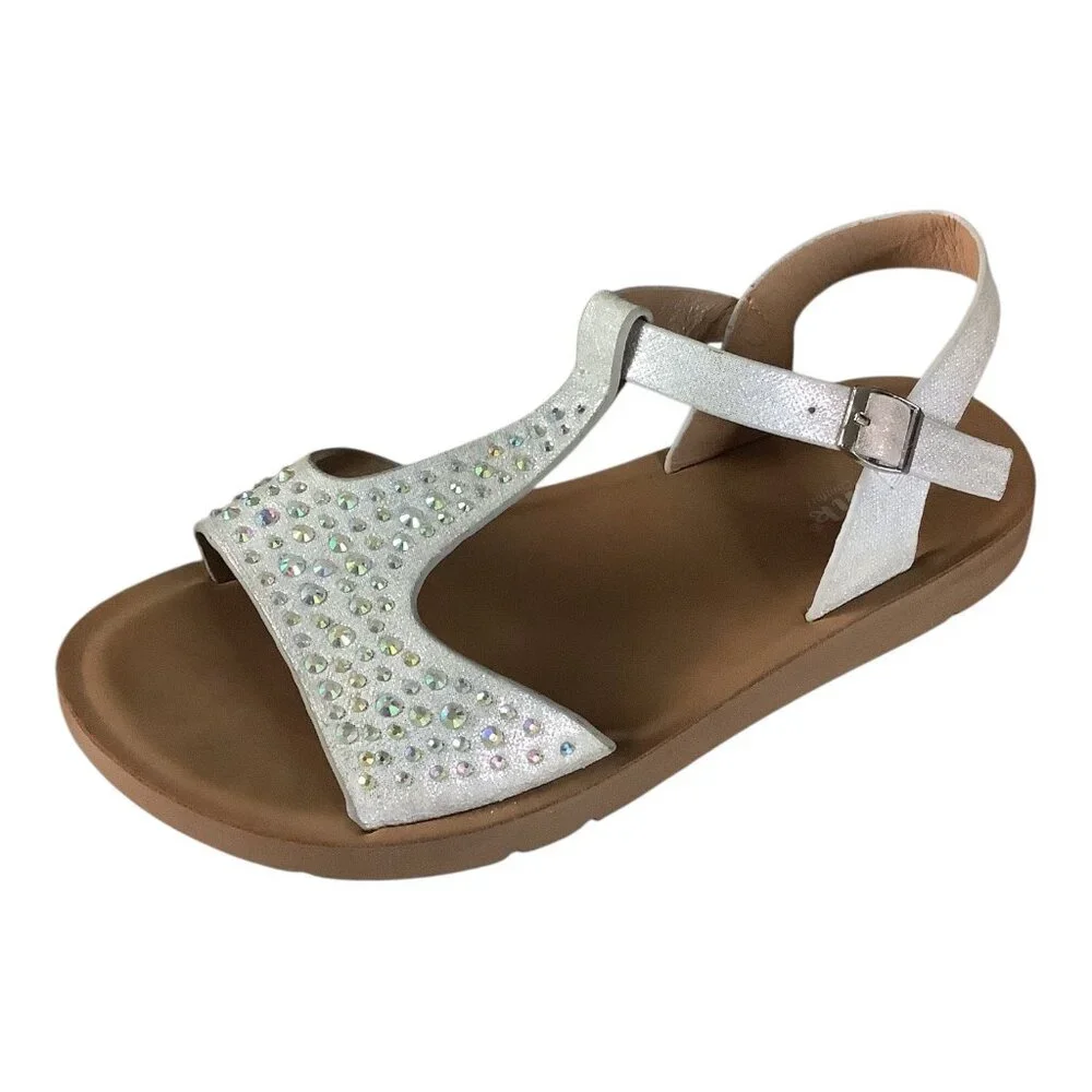 Link Comfort Girls White Rhinestone T-Strap Sandals Sz 3 Adjustable Buckle Strap